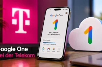 Ein Smartphone zeigt die Google One App, daneben ein Wolken-Objekt, im Hintergrund leuchtet das Telekom T-Logo in Pink.