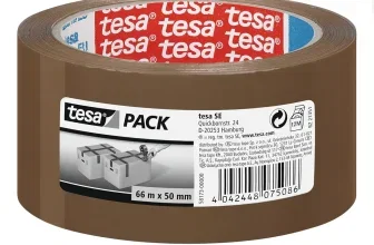 Braunes tesa tesapack Paketklebeband mit Etikett, Barcode und rotem Innenring