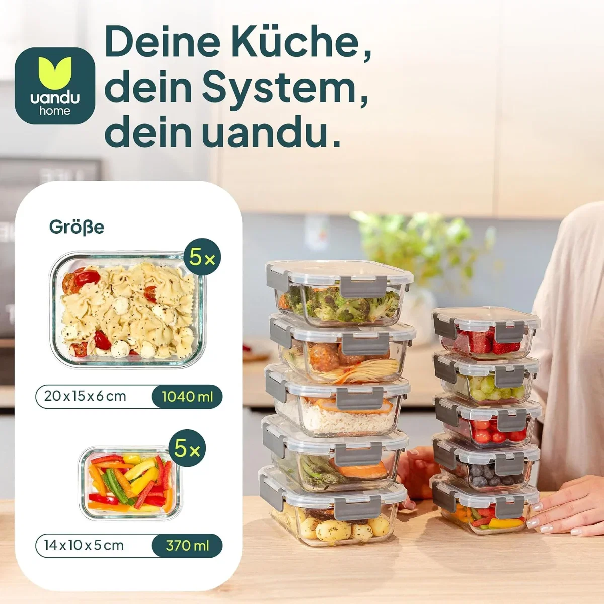 uandu Glasbehälter mit Deckel – Meal Prep Boxen Glas (10 Behälter + 10 Deckel)
