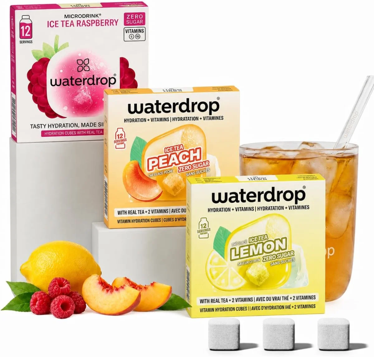 waterdrop® Eistee Mix – 36 Drops Pfirsich Zitrone & Himbeere (zuckerfreier Durstlöscher)