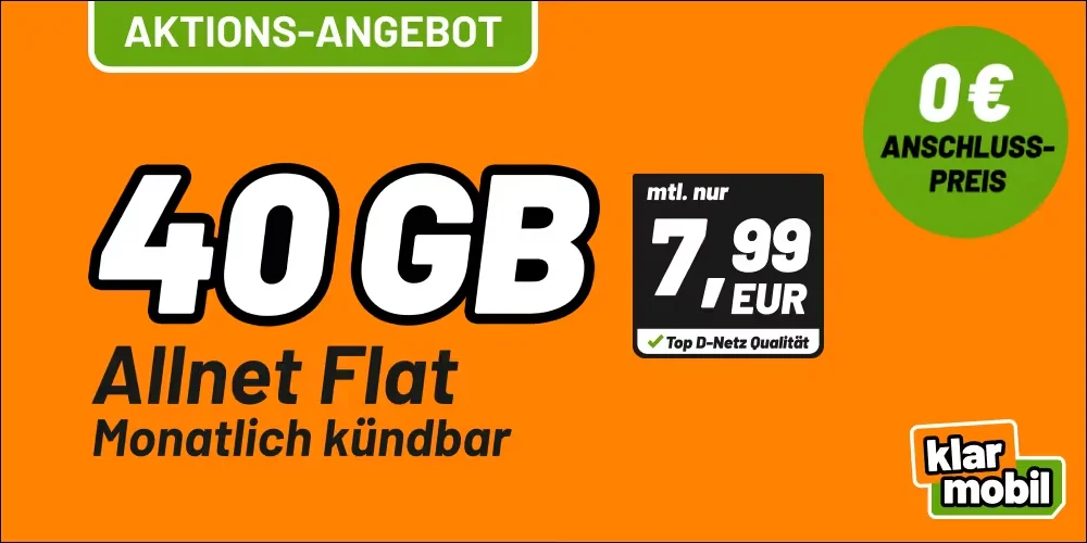 klarmobil Allnet Flat 40 GB – flexibel für 7,99 € im Monat (0€ Anschlusspreis, mtl. Kündbar)