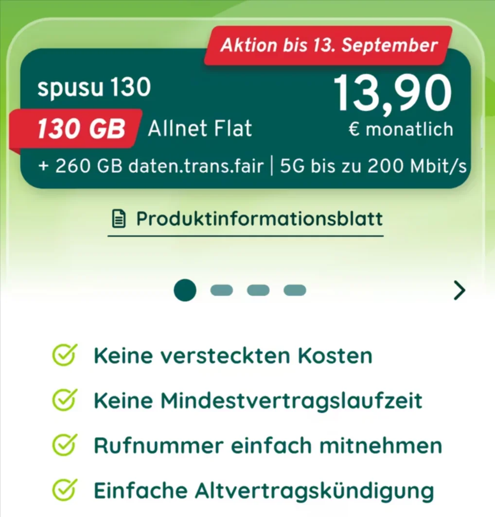 spusu 130 – 130 GB 5G (Bis zu 200 Mbit/s) für nur 13,90 Euro monatlich