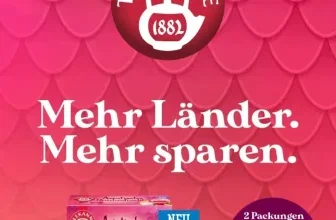 Teekanne Ländertee Werbung mit drei Teeboxen und 2 Euro Cashback-Aktion auf pinkem Hintergrund