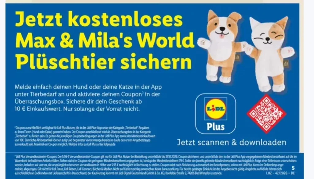 Lidl Plus: Kostenloses Hunde- oder Katzen-Plüschtier ab 12. Oktober