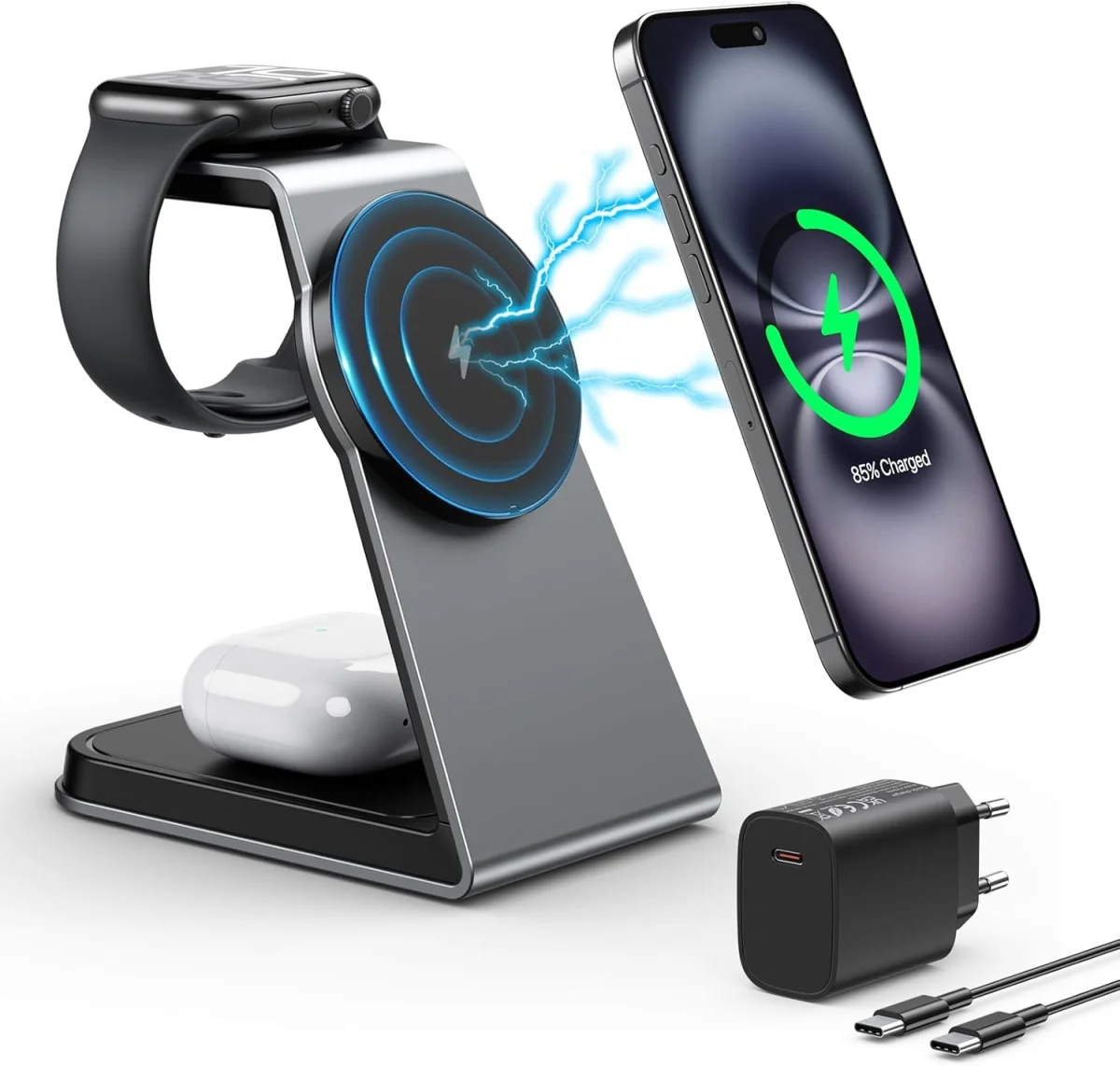 3 IN 1 Ladestation für Apple Watch und iPhone (inkl. 20W QuickCharge Netzteil Kabel USB C)