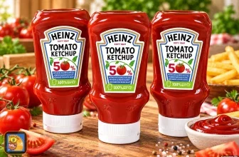 Drei rote Heinz Ketchup-Flaschen auf einem Holztisch, umgeben von frischen Tomaten, Pommes Frites und einer Schale Ketchup.