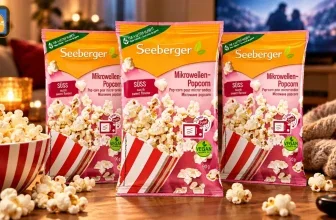 Drei Beutel Seeberger Mikrowellen-Popcorn Süß neben einer Schüssel Popcorn und einer Decke
