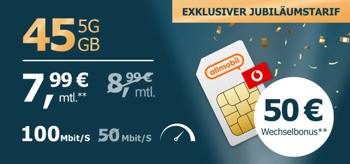 allmobil 45 GB – günstiger 5G-Tarif im Vodafone-Netz ab 5,91 € monatlich dank 50€ Bonus