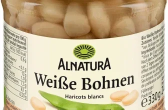 Glas mit Alnatura Bio Weißen Bohnen, goldener Deckel und Etikett mit Bohnenabbildung