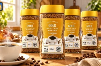 Vier Gläser Amazon Gold Instant Kaffee mit Tasse und Croissants auf Holztisch
