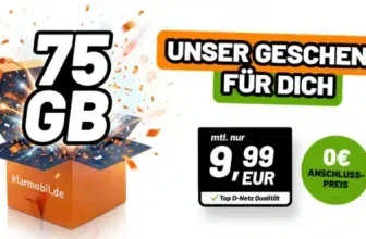 Klarmobil-Werbegrafik mit 75 GB Datenvolumen, Preis 9,99 EUR und 0 EUR Anschlusspreis