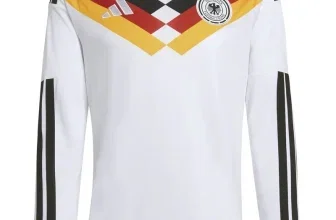 Weißes Adidas Langarmtrikot mit schwarz-roten-gelben Streifen und DFB-Logo auf der Brust