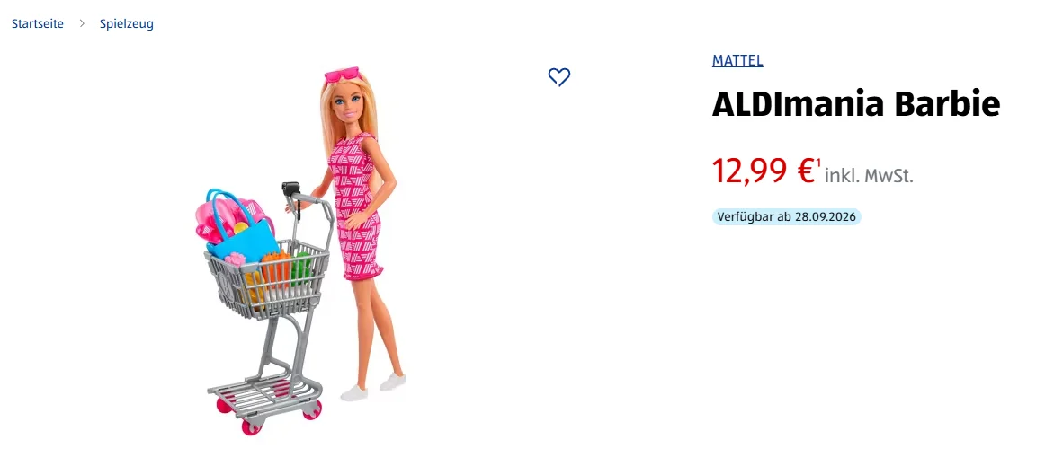 Screenshot der ALDI-SÜD-Produktseite zur ALDImania Barbie für 12,99 Euro