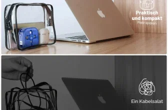 Vergleich von geordnetem Kabel im transparenten Etui und unordentlichem Kabelsalat neben einem Laptop