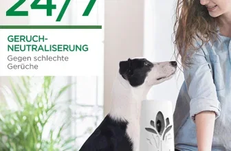 Frau und Hund neben weißem Air Wick Freshmatic Gerät mit Text 24/7 Geruchneutralisierung