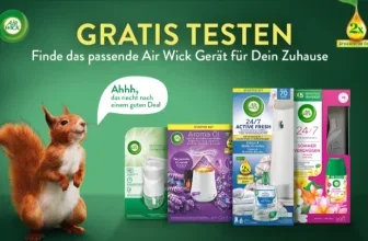 Air Wick Gratis Testen Banner mit Eichhörnchen und verschiedenen Luftfrischern auf grünem Hintergrund