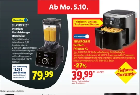 Lidl-Prospekt mit Silvercrest Heißluftfritteuse für 39,99 Euro ab 5. Oktober