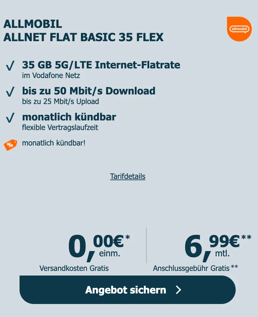 Logitel: Amazon 15 Euro Gutschein + Allmobil Allnet-flat Basic 35 Flex 35 GB 5G für 6,99 € / Monat