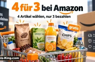 Einkaufswagen mit Kaffee, Tee, Saft und Chips vor Amazon-Hintergrund mit 4-für-3-Angebot