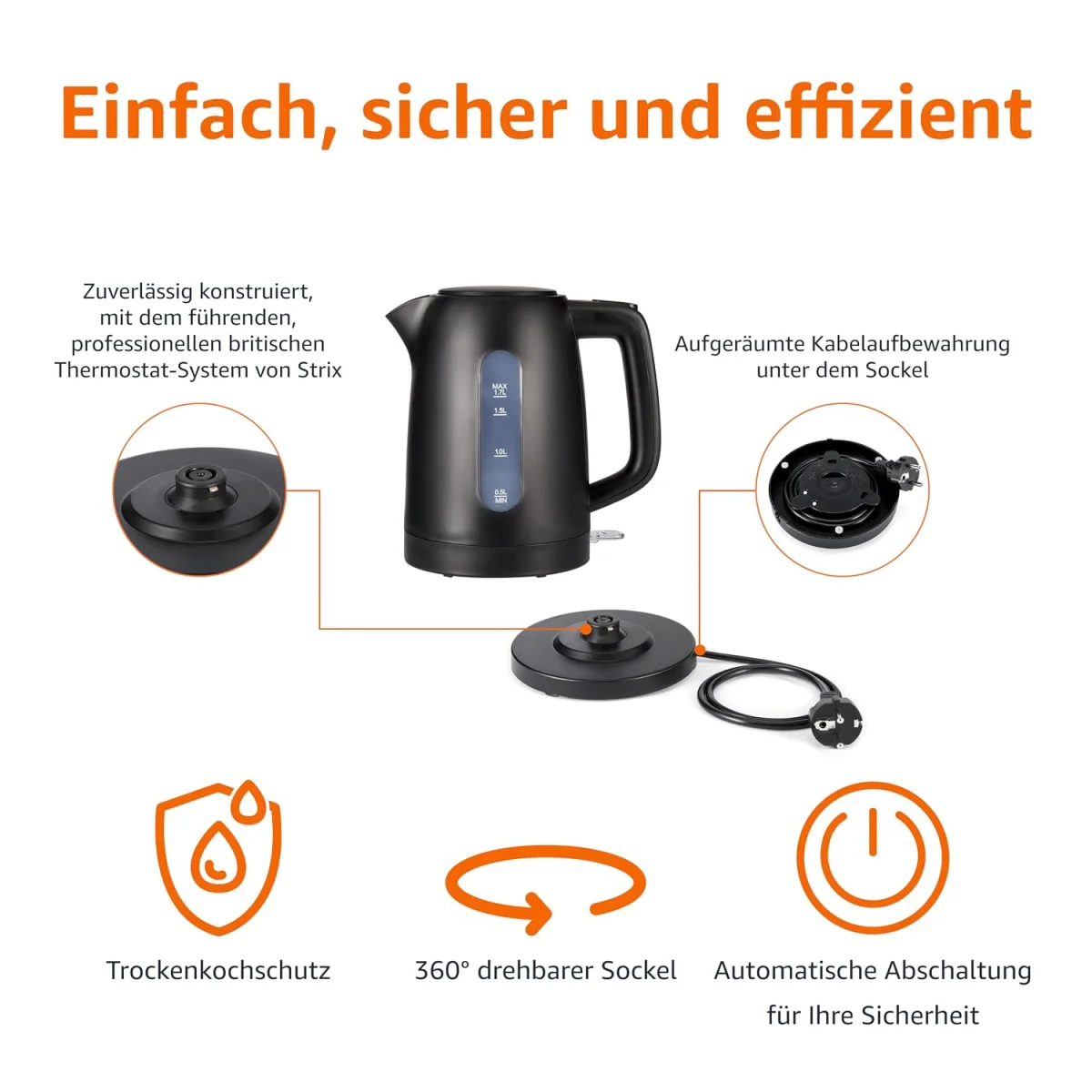 Amazon Basics Wasserkocher mit 360° Basis und Kalkfilter