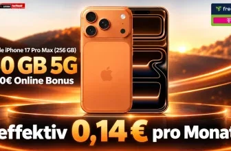 Orange iPhone 17 Pro Max mit freenet und Telekom Logo sowie Preisangabe 0,14 Euro pro Monat