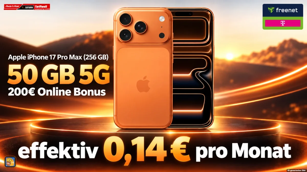 MediaMarkt Tarifwelt: Apple iPhone 17 Pro Max (256 GB) + 200€ Online Bonus + freenet Telekom Allnet Flat 50 GB 5G (Tarif 1) + 5 GB 5G (Tarif 2) für 54,98 € / Monat + 204,94 € einmalig