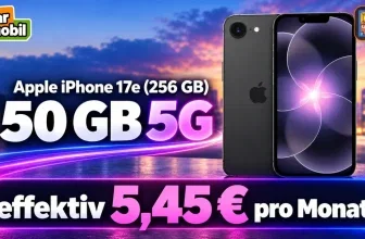 Schwarzes Apple iPhone 17e mit klarmobil-Logo und Preisangabe vor Stadt-Hintergrund