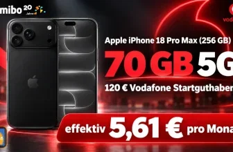 Gomibo-Anzeige mit schwarzem iPhone 18 Pro Max, Vodafone-Logo und Preisangabe von 5,61 Euro pro Monat