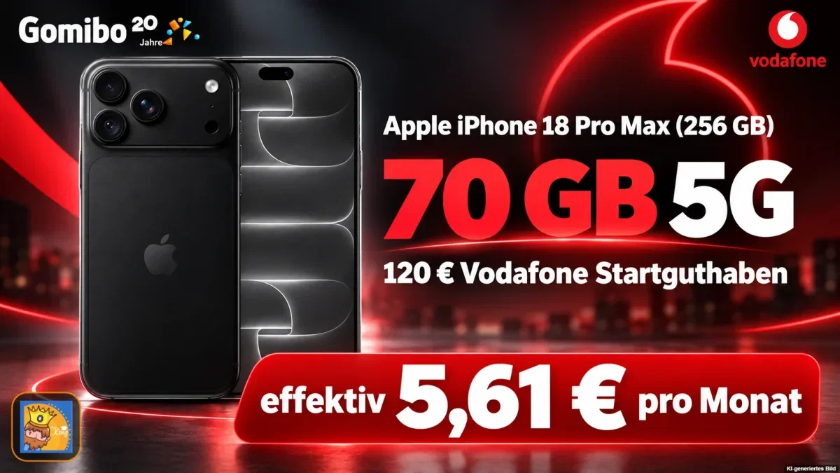 Gomibo: Apple iPhone 18 Pro Max (256 GB) + 120 € Vodafone Startguthaben + Vodafone Allnet-Flat 70 GB 5G für 34,99 € / Monat + 1.013,95 € einmalig