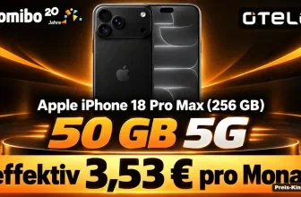 Gomibo-Werbung mit schwarzem iPhone 18 Pro Max, otelo-Logo und Preisangabe 3,53 Euro pro Monat