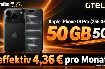 Schwarzes Apple iPhone 18 Pro mit Logos von Gomibo und otelo vor orangefarbenem Hintergrund