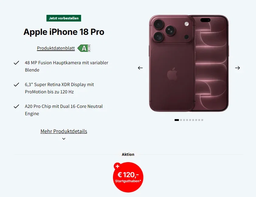 Apple iPhone 18 Pro mit Vodafone-Vertrag (90 GB 39,99€ mtl.) : effektiv 9,66 € monatlich