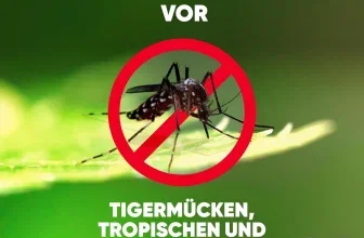 Autan Werbung: Mücke im roten Verbotssymbol auf grünem Hintergrund mit Text zu Schutz vor Tigermücken