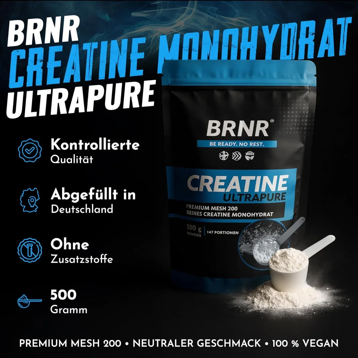 BRNR Creatin Monohydrat Pulver ultrapures Powder geprüft und rein Kreatin Monohydrat (500g)