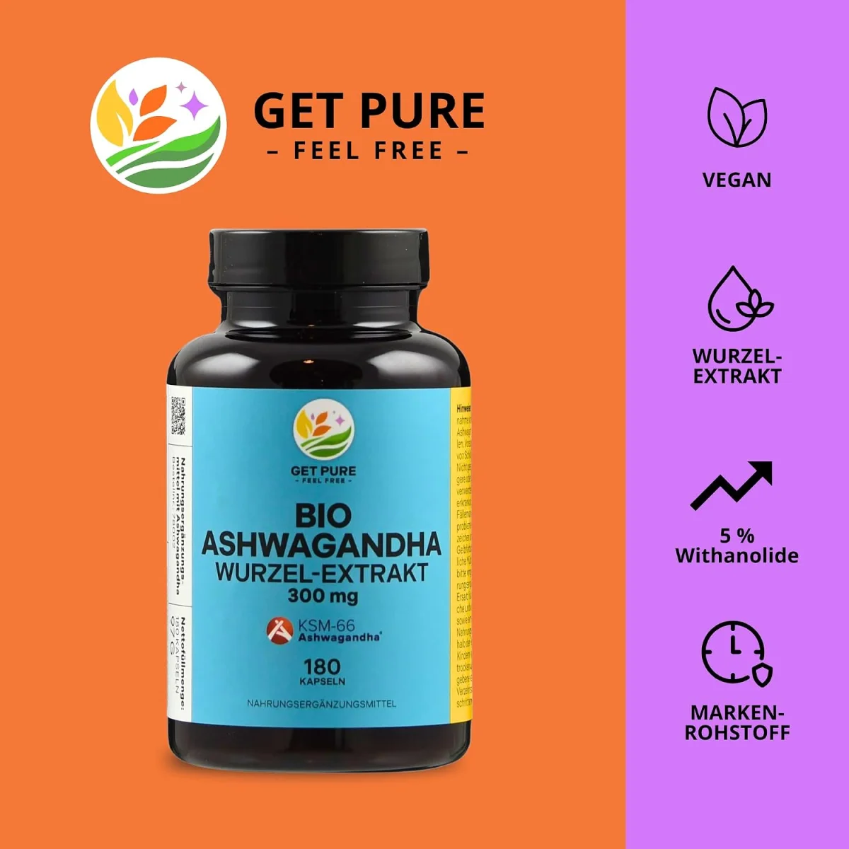 Bio-Ashwagandha Kapseln mit 300 mg KSM-66 Extrakt und 5 Prozent Withanoliden