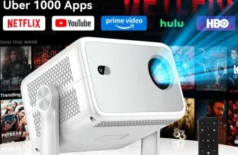 Weißer Blackview Huidun PT10 Beamer mit Fernbedienung, Logos von Netflix, YouTube, Prime Video, Hulu und HBO sowie Icons für 4K, WLAN 6 und Bluetooth.