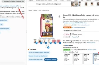 Screenshot der Amazon-Produktseite für Bosch HPC Hundefutter mit hervorgehobenen Preisen