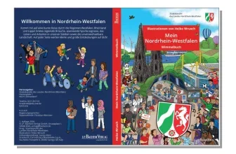 Titel- und Rückseite des Wimmelbuchs 'Mein Nordrhein-Westfalen' mit bunten Illustrationen