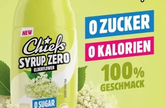 Flasche Chiefs Syrup Zero Holunderblüten Sirup mit Aufschrift 0 Zucker und 0 Kalorien