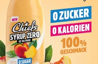 Flasche Chiefs Syrup Zero Ice Tea Peach mit Text 0 Zucker, 0 Kalorien und Pfirsich