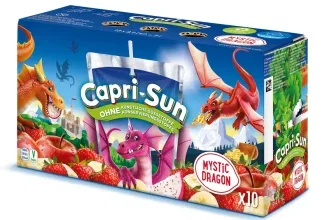 Capri-Sun Mystic Dragon Mehrfachverpackung mit Drachen-Design, Obstabbildungen und Vegan-Siegel