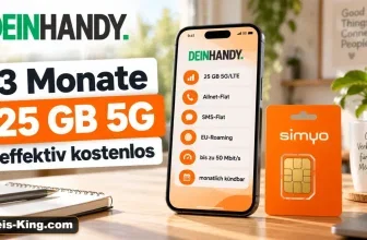 DEINHANDY-Anzeige mit Smartphone, simyo-SIM-Karte und Text: 3 Monate 25 GB 5G effektiv kostenlos