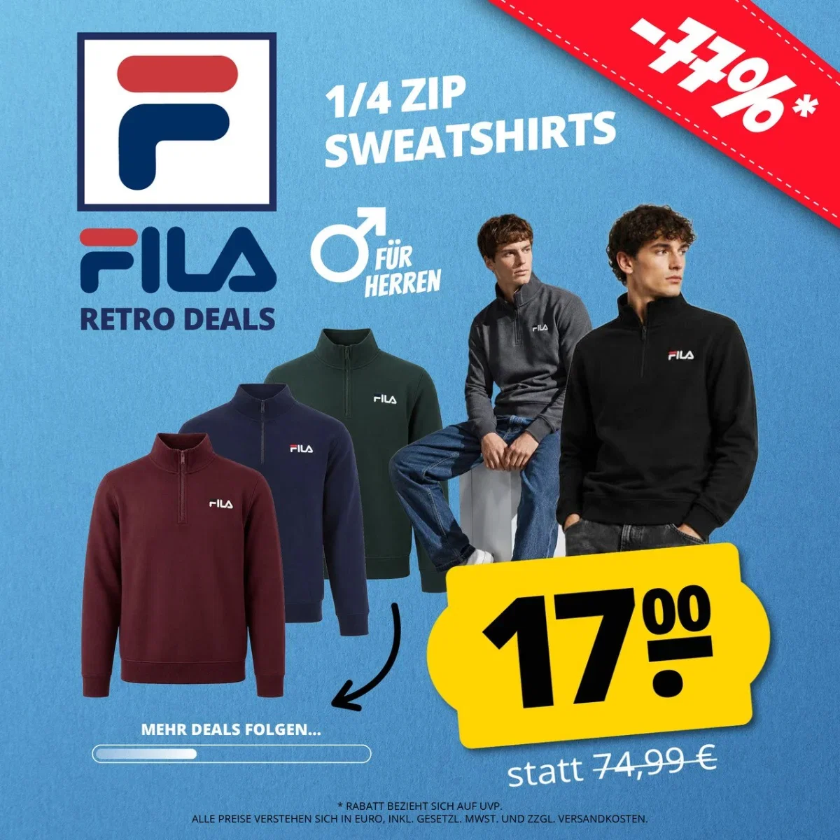 FILA Adam Retro Herren 1/4-Zip Sweatshirt (5 Farben, Gr. S bis 2XL)