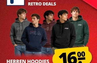 Fünf Männer in FILA Hoodies vor rotem Hintergrund mit Preisangabe 16,00 Euro und Rabatt -77%