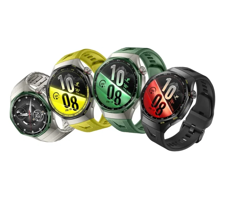Vier Huawei Watch GT 7 in Silber, Gelb, Grün und Schwarz mit verschiedenen Zifferblättern