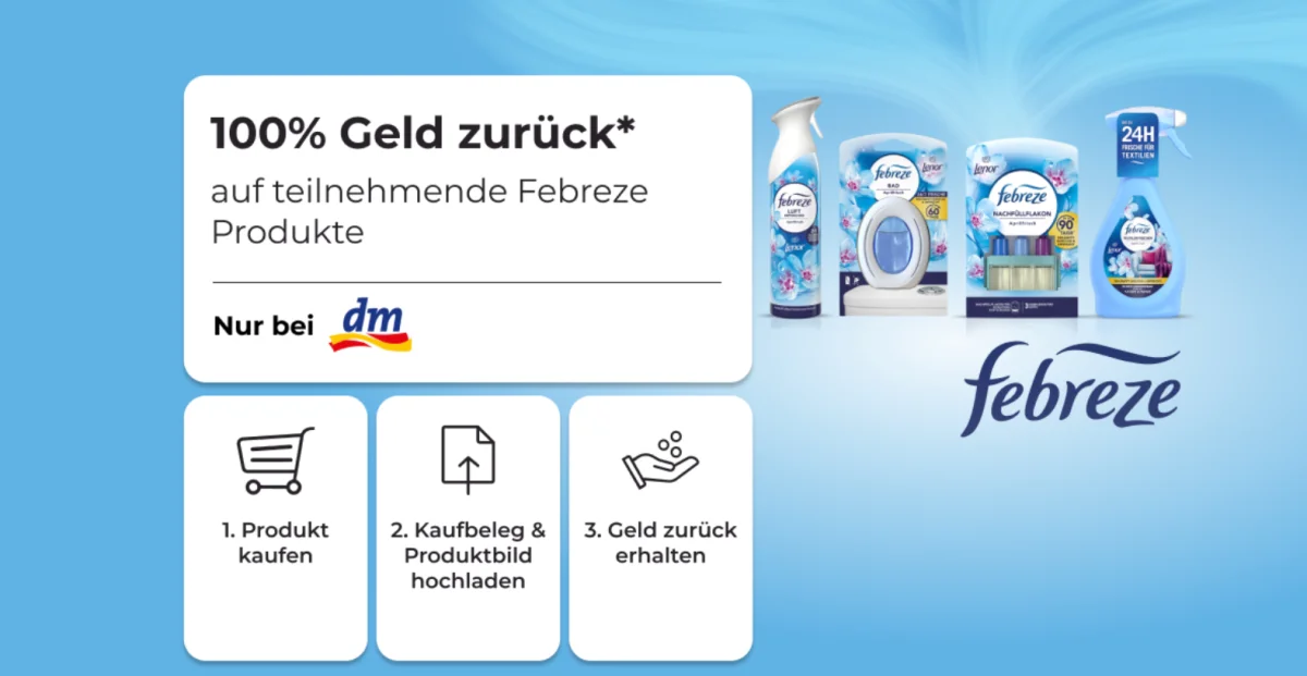 Febreze Gratis Testen bei dm: 100 % Cashback sichern