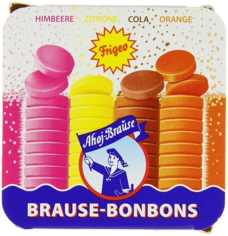 Dose Frigeo Ahoj-Brause mit vier Geschmacksrichtungen: Himbeere, Zitrone, Cola und Orange