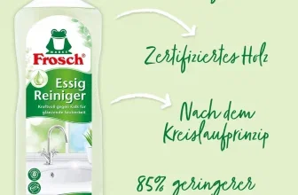 Frosch Essig Reiniger Flasche mit Texten zu Holz-Essigsäure und CO2-Fußabdruck