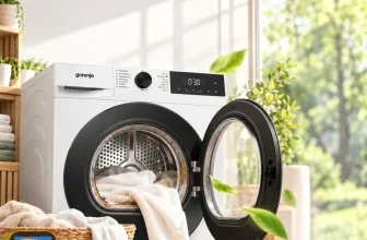 Weißer Gorenje-Trockner mit geöffneter schwarzer Tür, Wäschekorb und grünen Blättern im hellen Raum.