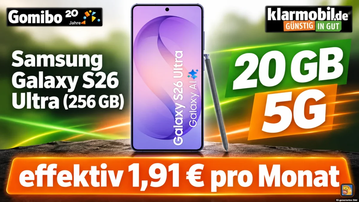 Gomibo: Samsung Galaxy S26 Ultra (256 GB) + klarmobil Telekom Allnet-Flat 20 GB 5G für 47,99 € / Monat + 5,95 € einmalig